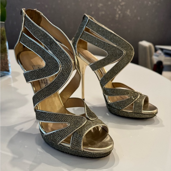 Jimmy Choo Gold Glitter Heels - Picture 1 of 5